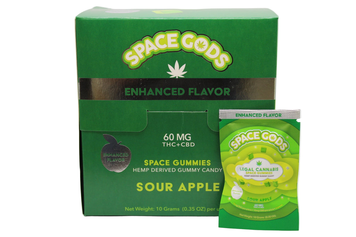 Front view of the Space Gods Delta 9 and CBD 60mg gummies packaging in vibrant green. These legal, hemp-derived edibles feature a mouth-puckering sour apple flavor and a perfectly balanced 1:1 ratio of D9 to CBD for a relaxing, euphoric experience.