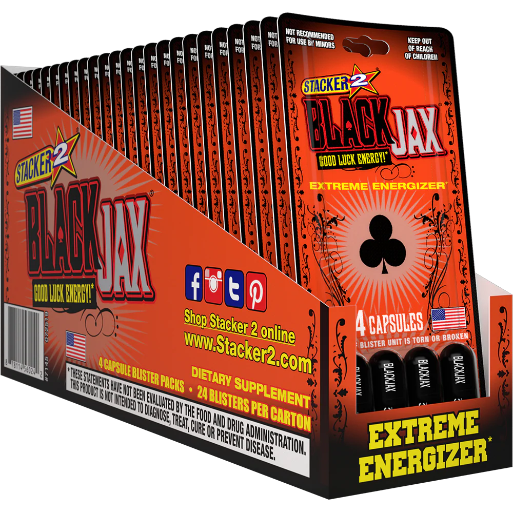 Front angled view of the Stacker 2 Black Jax Good Luck Energy Blaster Pack 24ct display box in sleek black and red. This bulk wholesale counter box holds 24 individual blister cards, making it an ideal high-margin impulse item for convenience store and smoke shop checkout counters.