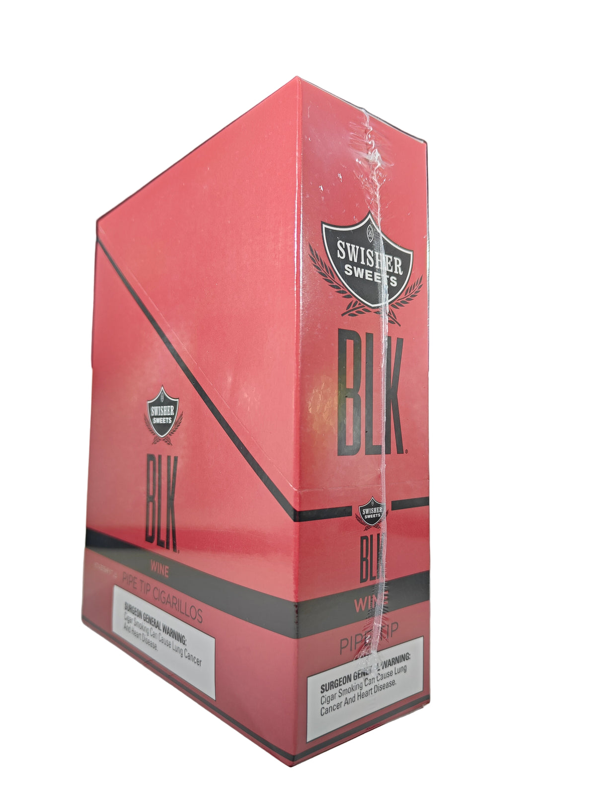 Front view of the Swisher Sweets BLK Pipe Tip Wine cigarillos box in deep black and burgundy. These premium pipe-tobacco cigarillos feature a plastic pipe tip and come in a wholesale 15-count box of 2-packs, perfect for retail counter displays.
