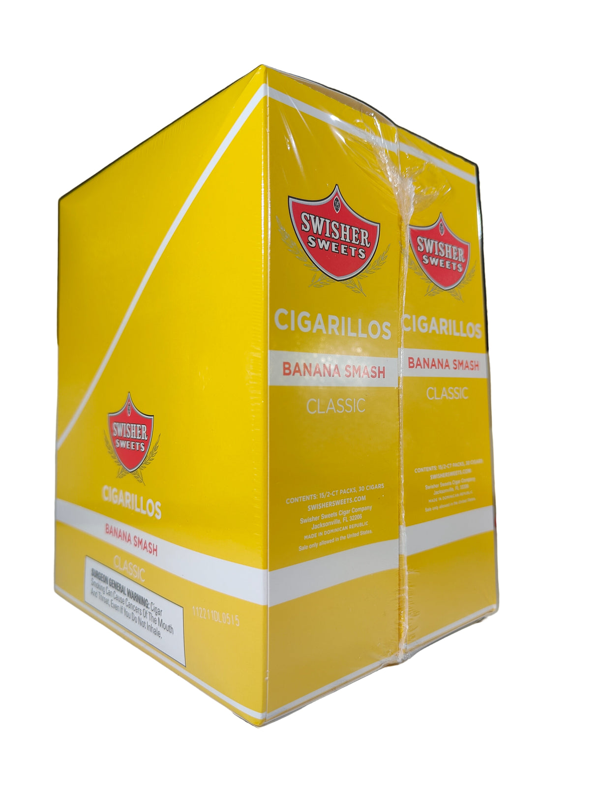 Front view of the Swisher Sweets Banana Smash cigarillos box in bright yellow and white. These classic machine-made cigarillos come in a wholesale 15-count box of 2-packs, perfect for retail counter displays.