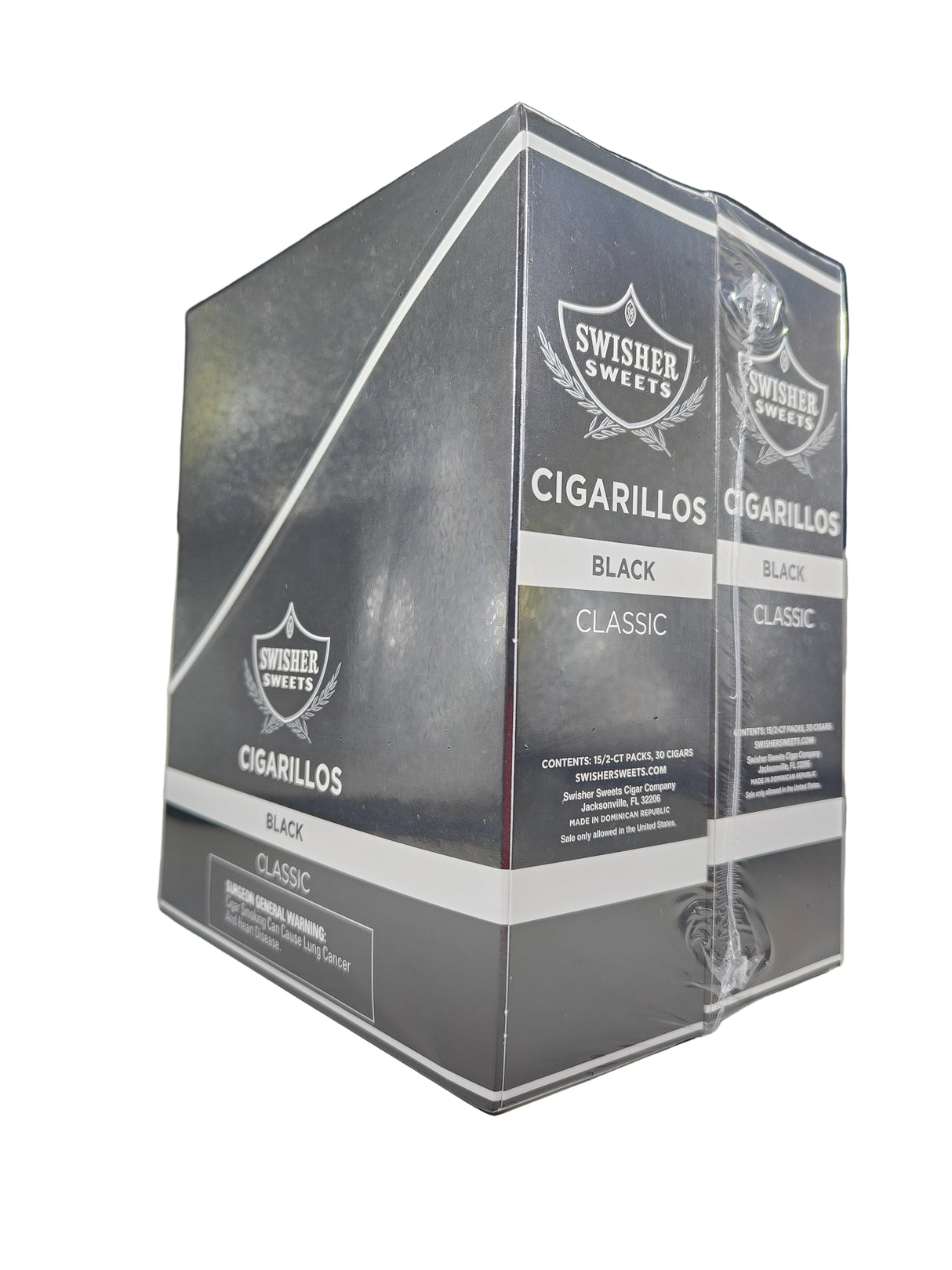 Front view of the Swisher Sweets Black cigarillos box in dark black and white. These classic machine-made cigarillos come in a wholesale 15-count box of 2-packs, perfect for retail counter displays.