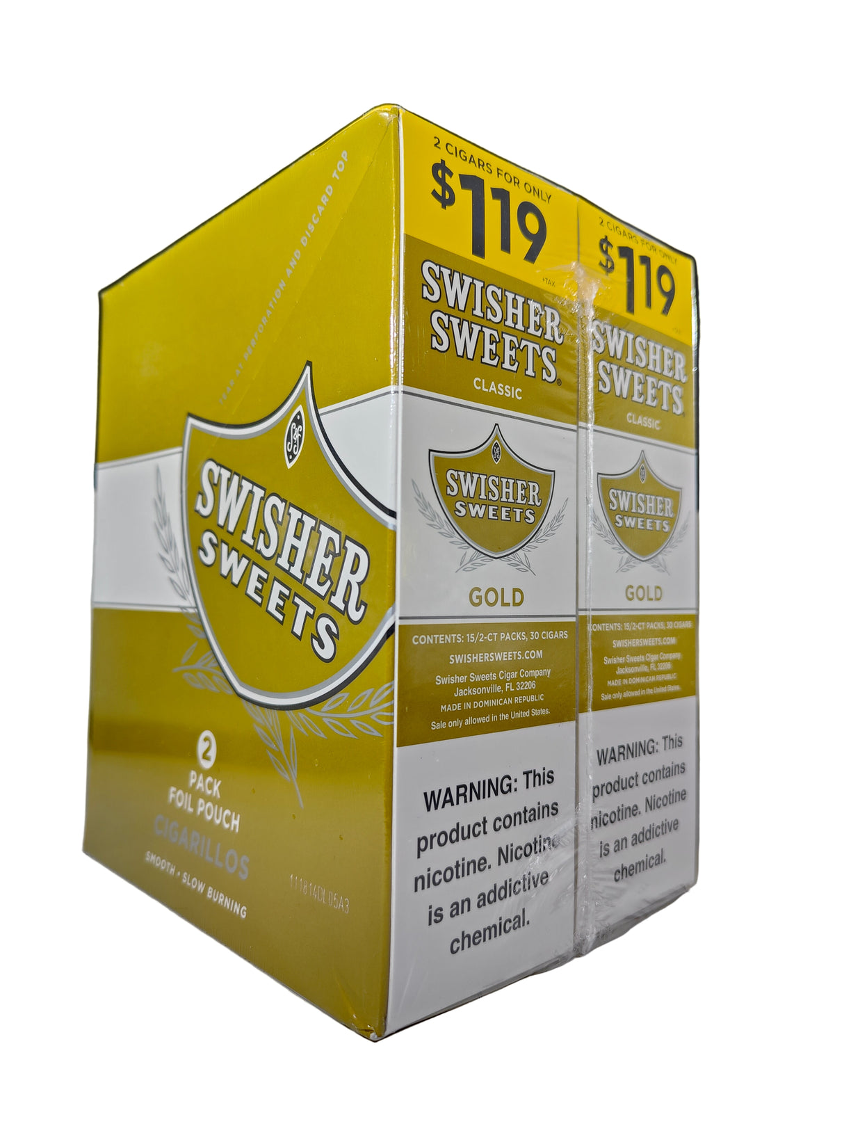 Angled overhead view of the Swisher Sweets Gold cigarillos box in metallic gold and white. These classic machine-made cigarillos come in a wholesale 15-count box of 2-packs, perfect for retail counter displays.