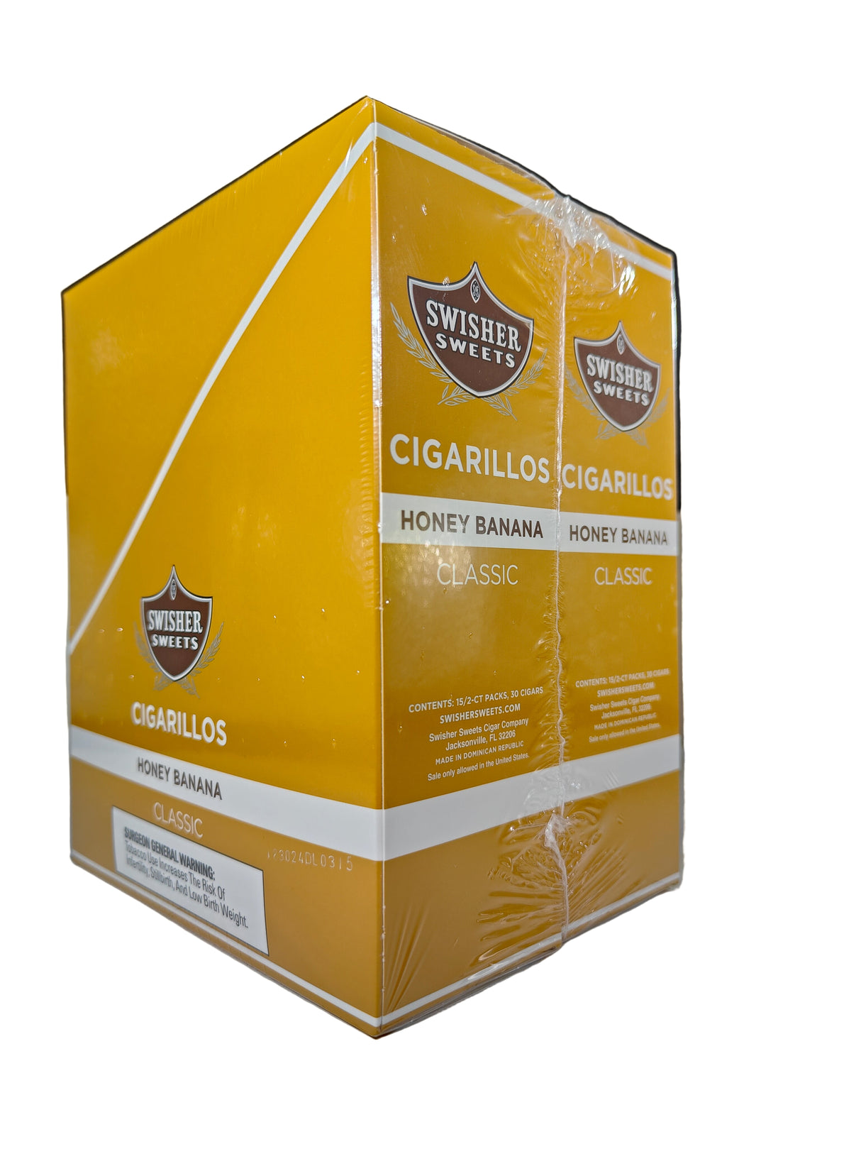 Front view of the Swisher Sweets Honey Banana cigarillos box in golden yellow and white. These classic machine-made cigarillos come in a wholesale 15-count box of 2-packs, perfect for retail counter displays.
