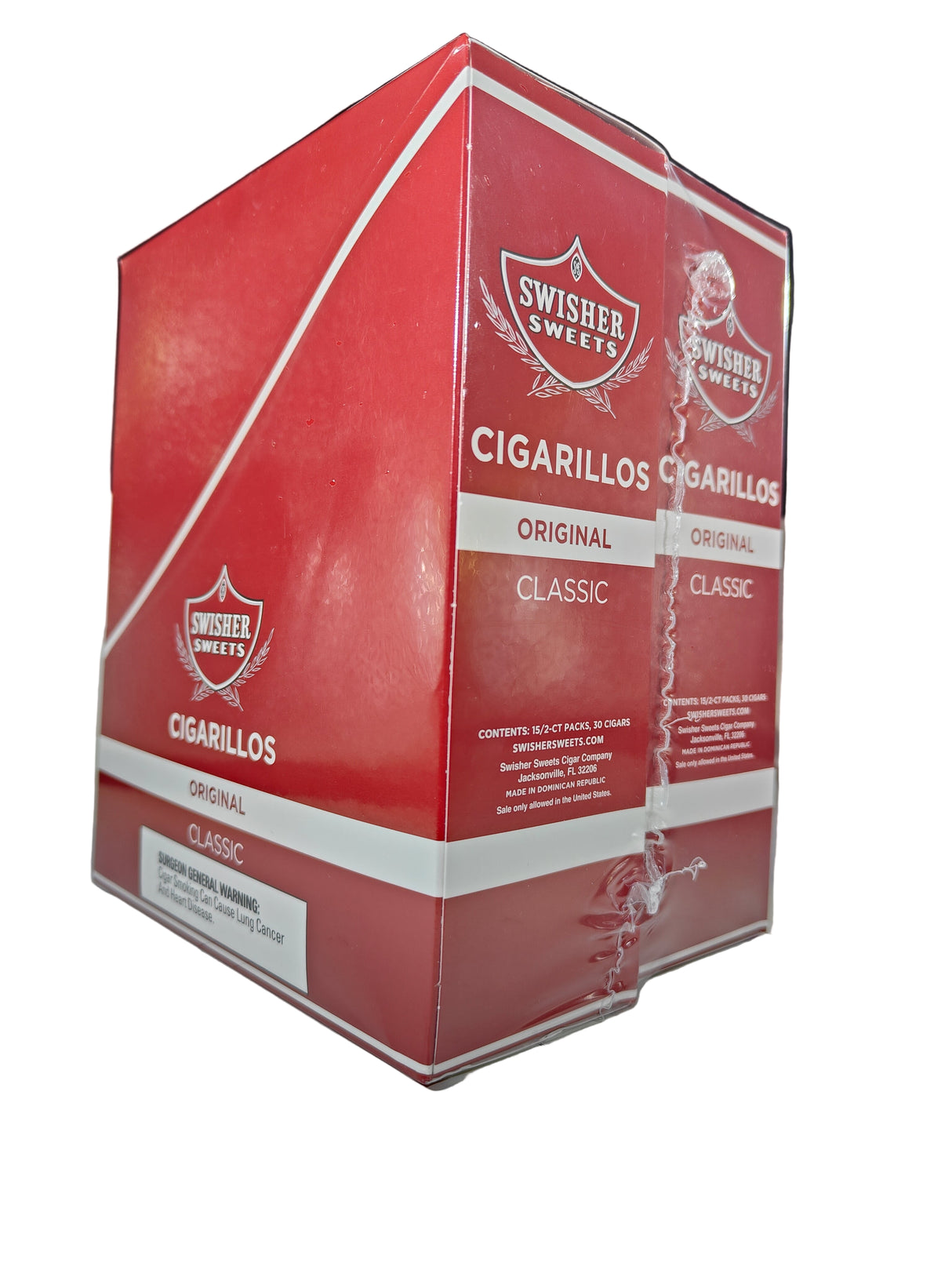 Front view of the Swisher Sweets Original cigarillos box in classic red and white. These classic machine-made cigarillos come in a wholesale 15-count box of 2-packs, perfect for retail counter displays.