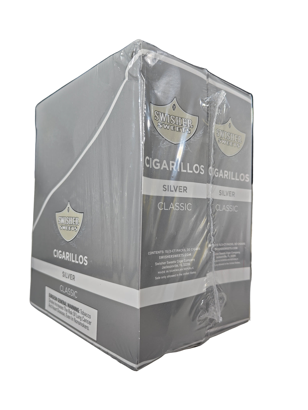 Angled view of the Swisher Sweets Silver cigarillos box in sleek silver and white. These classic machine-made cigarillos come in a wholesale 15-count box of 2-packs, perfect for retail counter displays.