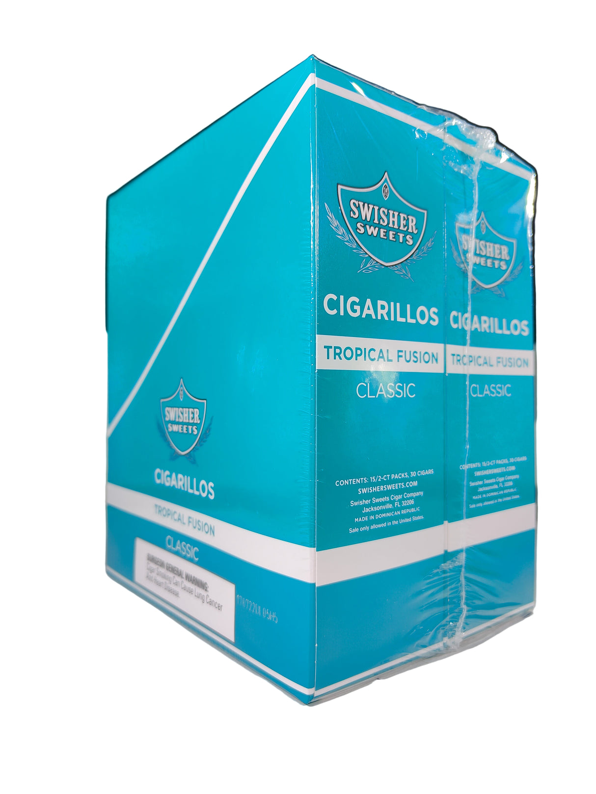 Front view of the Swisher Sweets Tropical Fusion cigarillos box in tropical coral and white. These classic machine-made cigarillos come in a wholesale 15-count box of 2-packs, perfect for retail counter displays.