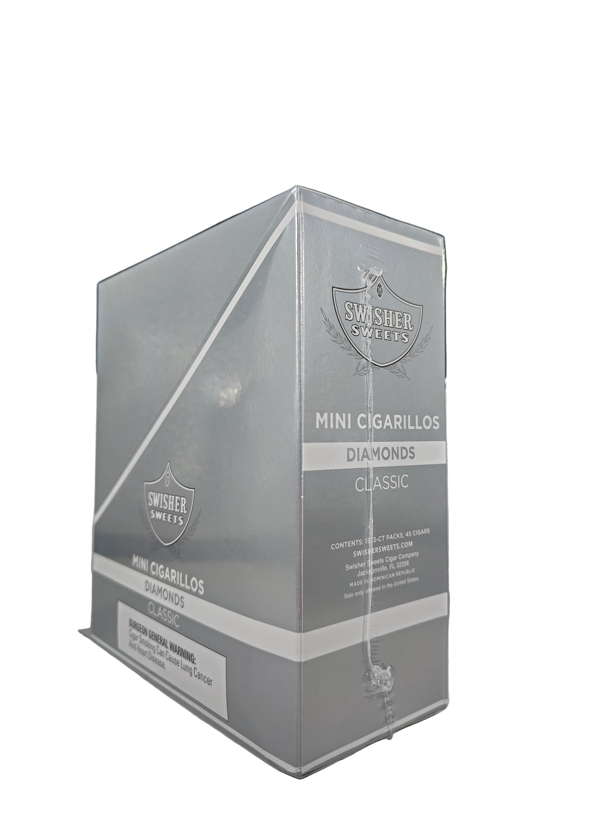 Angled view of the Swisher Sweets Diamonds mini cigarillos box in sleek silver and white. These popular machine-made mini cigarillos come in a wholesale 15-count box of 3-packs, offering a quick, flavorful smoke ideal for retail counter displays.