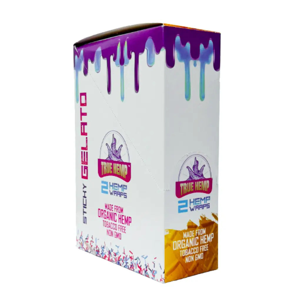 True Hemp Sticky Gelato wrap display box with purple and white packaging on a white background