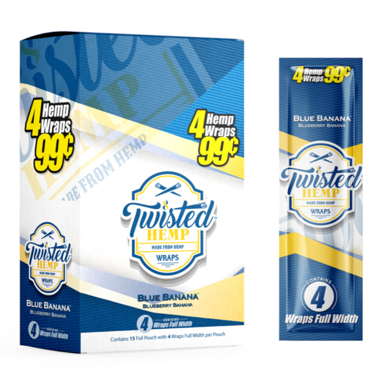 Angled front view of the Twisted Blue Banana Hemp Wraps 15-count display box and single pack in blue and yellow packaging. These tobacco-free, all-natural hemp wraps offer a clean, unflavored, and slow-burning smoking experience.