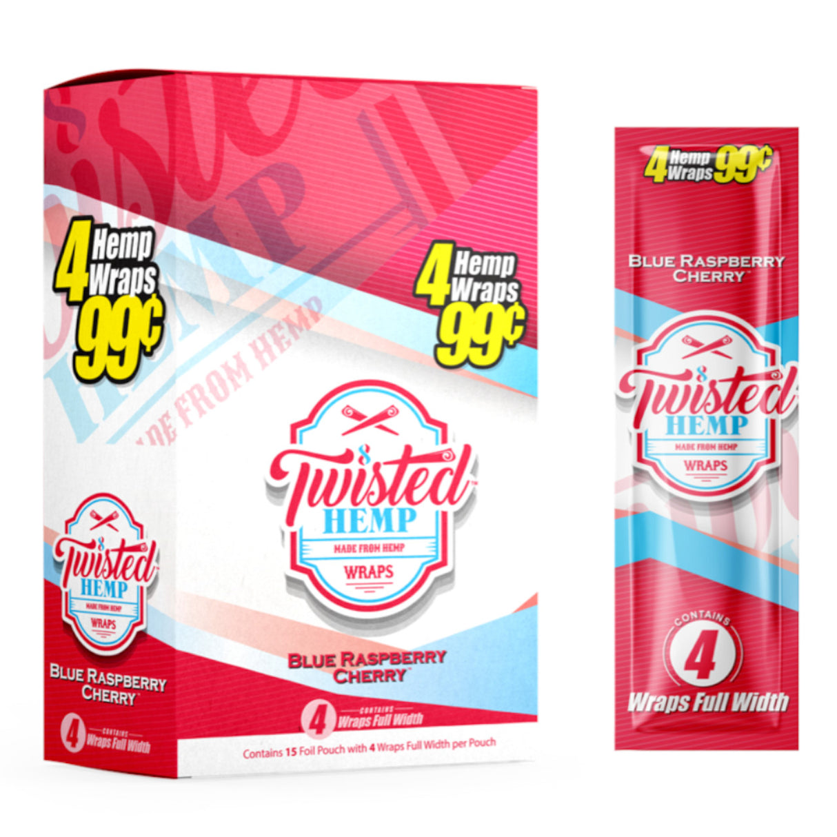 Angled front view of the Twisted Blue Raspberry Cherry Hemp Wraps 15-count display box and single pack in red and light bue packaging. These tobacco-free, all-natural hemp wraps offer a clean, unflavored, and slow-burning smoking experience.