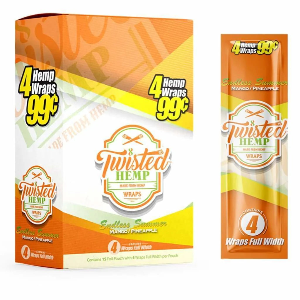 Angled front view of the Twisted endless summer Hemp Wraps 15-count display box and single pack in orange and yellow packaging. These tobacco-free, all-natural hemp wraps offer a clean, unflavored, and slow-burning smoking experience.