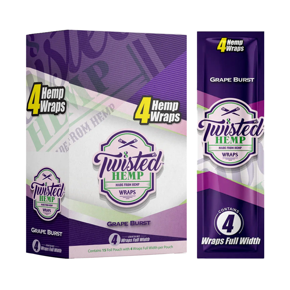 Angled front view of the Twisted grape burst Hemp Wraps 15-count display box and single pack in purple and white packaging. These tobacco-free, all-natural hemp wraps offer a clean, unflavored, and slow-burning smoking experience.