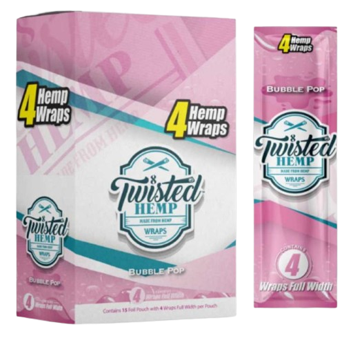 Front angled view of the Twisted Hemp Bubble Pop Wraps 15-count display carton in bright pink and blue packaging. This structurally rigid, 100% hemp non-tobacco alternative is infused with distinct bubblegum terpenes and contains four tear-resistant wraps per resealable pouch.