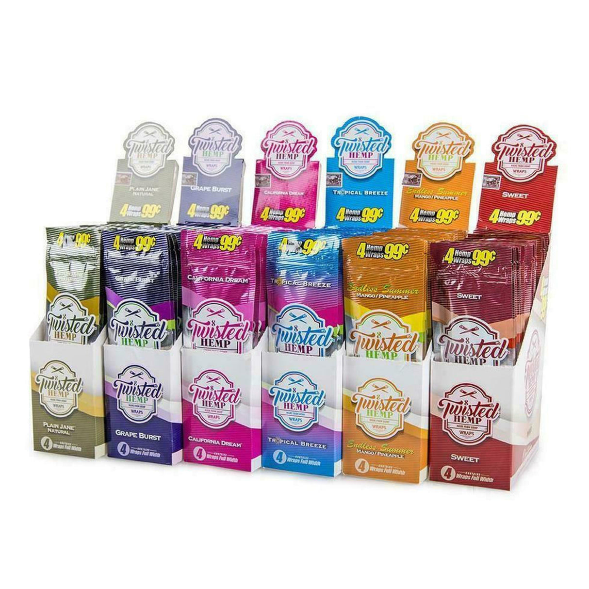 Angled front view of the Twisted Plain Jane Hemp Wraps 15-count display boxes in different colored packaging. These tobacco-free, all-natural hemp wraps offer a clean, unflavored, and slow-burning smoking experience.