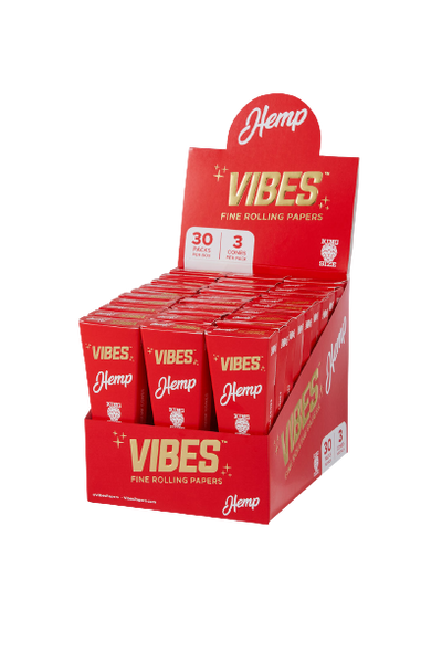 front view of vibes premade cones display box. made of natural hemp paper these cones are prefect for convenience.