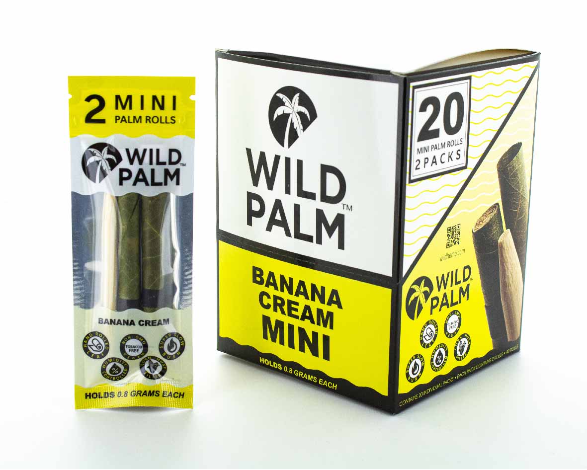 Front view of the Wild Palm Minis pre-rolled cones 20-count display box in simple yellow and black. These slow-burning, tobacco-free wraps are pre-rolled for immediate packing and hassle-free retail display.