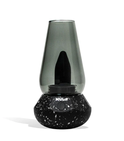 Angled view of the Wulf Mods Fang 2-in-1 vaporizer in black-white spatter. This layout shows how the automated internal air pump forces vapor up into the glass bubbler to create a unique drinkable smoke cloud.