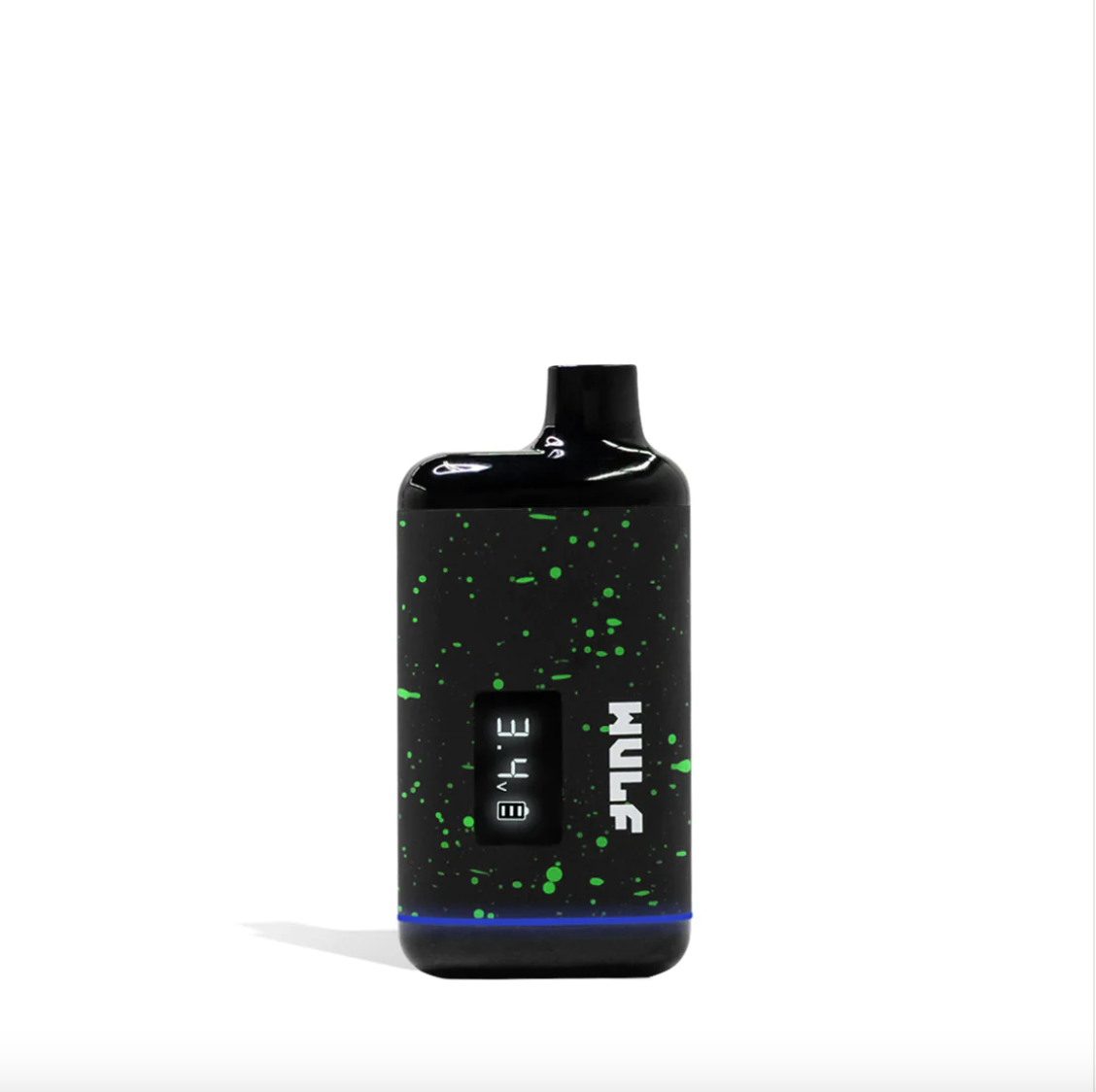Angled front view of the Wulf Mods Recon concealed cartridge vaporizer in a black and neon green spatter finish. With its stealthy concealed chamber, this variable voltage battery is the perfect companion for consuming concentrates on the down-low.
