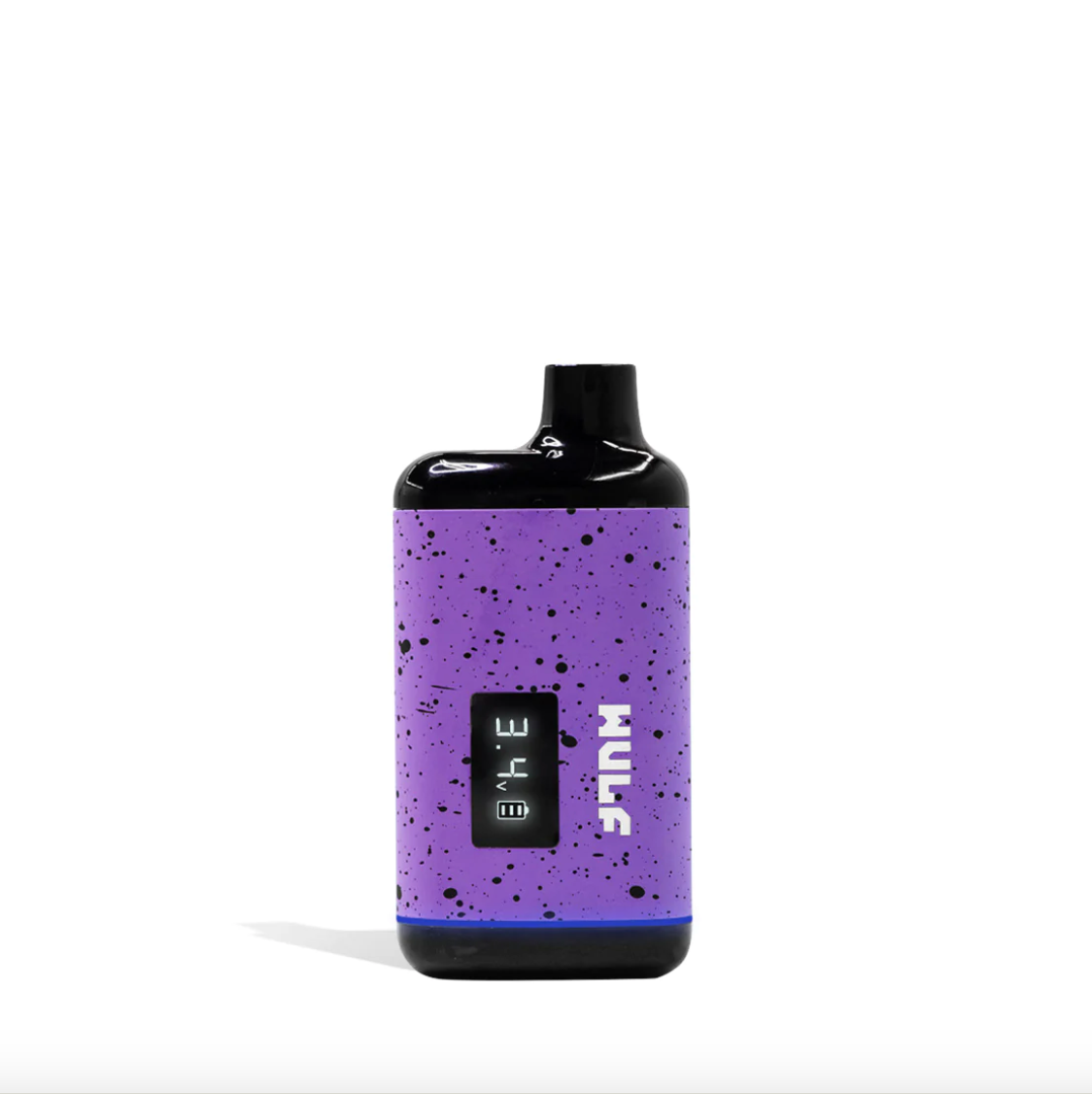 Angled front view of the Wulf Mods Recon concealed cartridge vaporizer in a purple and black spatter finish. This heavy-duty drop-in battery securely houses your oil cartridges to prevent glass breakage and maintain ultimate discretion.