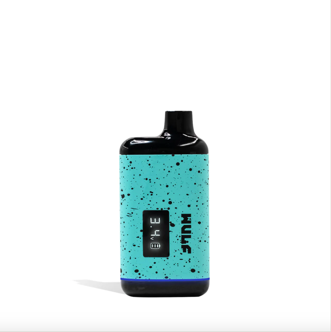 Angled front view of the Wulf Mods Recon concealed cartridge vaporizer in a teal and black spatter finish. Designed to protect and conceal, this drop-in device perfectly fits standard 2-gram carts while offering a convenient preheat function.