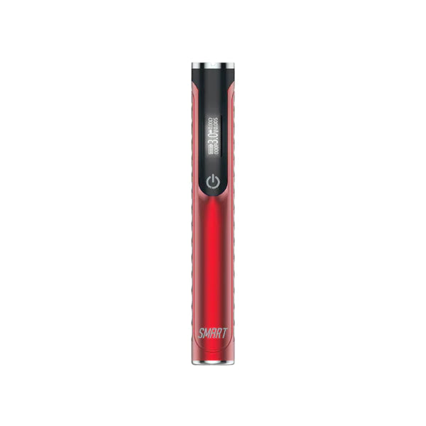 Front view of the Yocan Black Smart 510 Battery in red. This digital, universal 510-threaded power supply features a zinc-alloy chassis and an embedded OLED screen to visually monitor voltage outputs and session metrics.