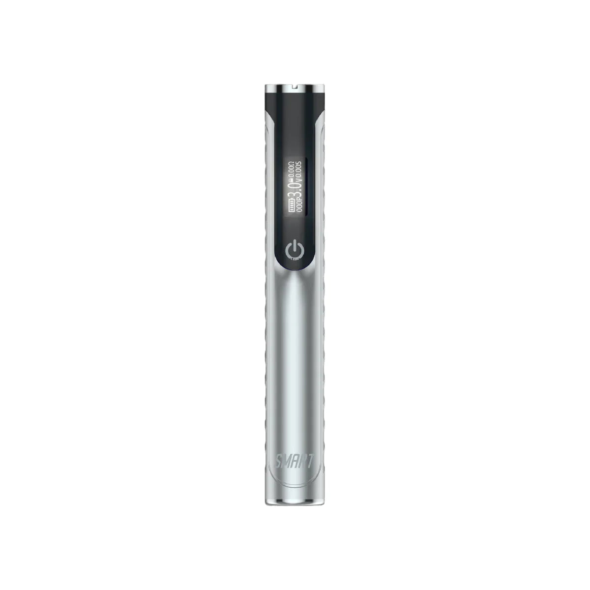 Front view of the Yocan Black Smart 510 Battery in silver. This digital, universal 510-threaded power supply features a zinc-alloy chassis and an embedded OLED screen to visually monitor voltage outputs and session metrics.