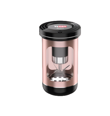 Front view of the Yocan Draco Electric Herb Grinder in metallic rose gold. This portable, rechargeable grinder features precision blades and a single-button operation to effortlessly mill dry herbs to the perfect consistency.