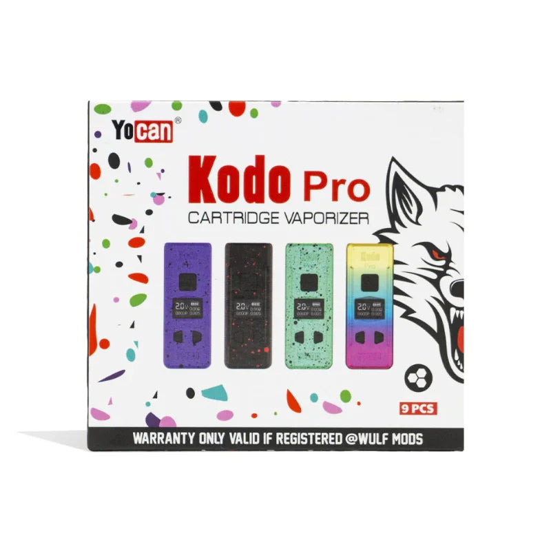 Front view of the Yocan Kodo Pro 9-count retail display box featuring an assortment of colorful devices. This ultra-compact 510-thread cartridge battery features a 400mAh capacity, adjustable voltage, and a bright OLED digital display for precise control.
