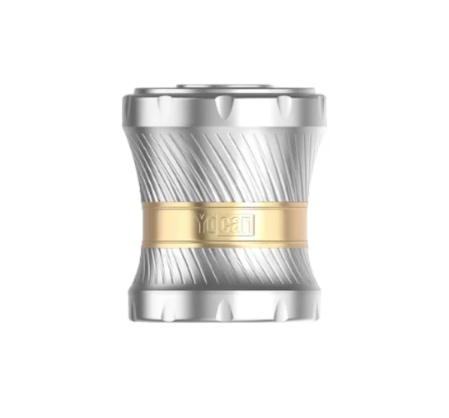 Front angled view of the Yocan Whirly Manual Herb Grinder 4-Piece in a solid metallic finish. This mechanical grinder features an integrated top whirly crank assembly to bypass standard manual twisting friction during processing.