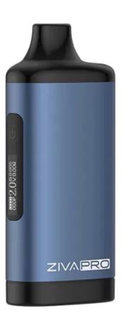 Front view of the Yocan Ziva Pro Vaporizer Mod in blue. This premium auto-draw battery securely conceals your 510-thread cartridge inside its sleek body and features a clear OLED screen for adjustable voltage settings.