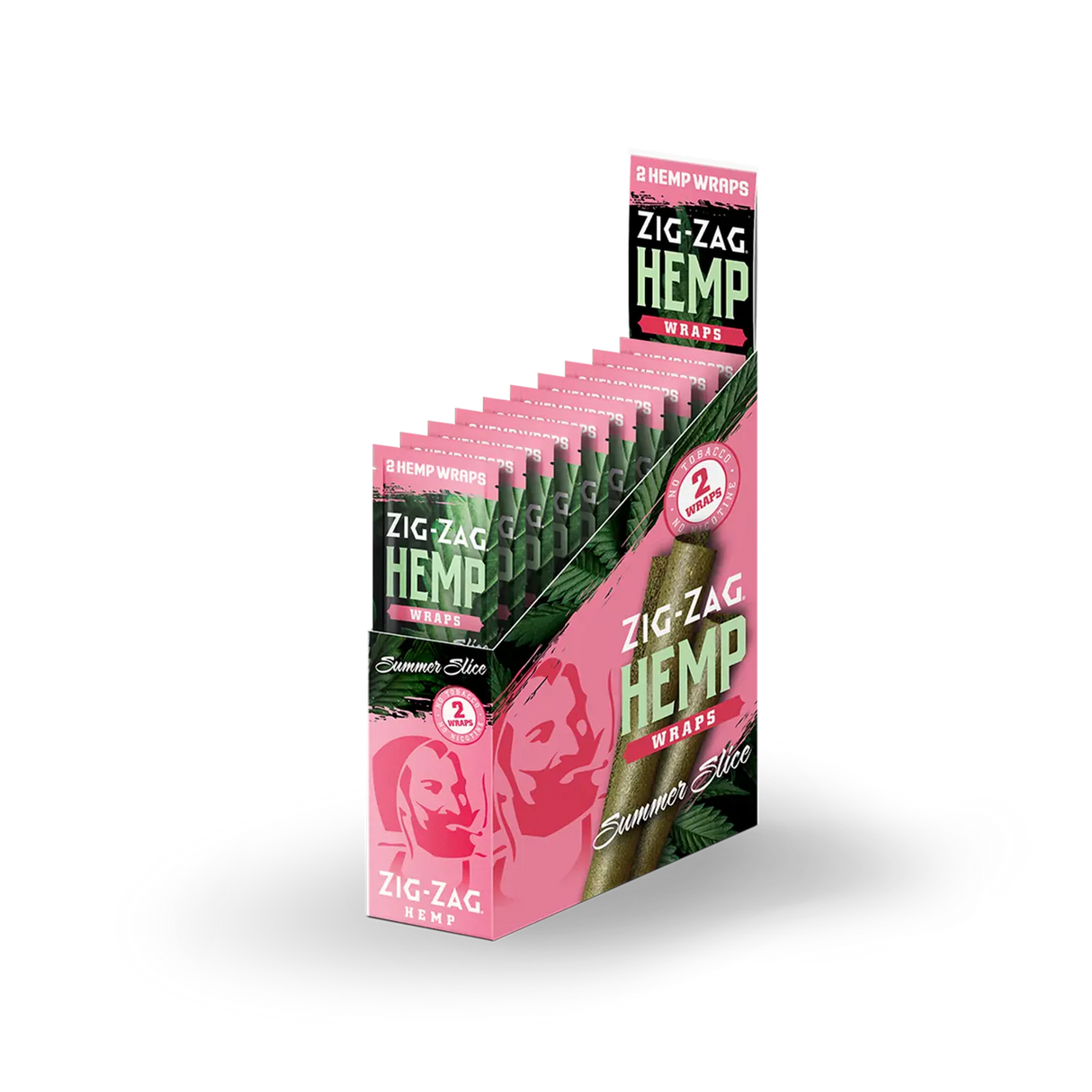 Front angled view of the Zig-Zag Hemp Wraps New Flavors 25-count display box showcasing the bright pink colored retail packaging. These 100% tobacco-free vegan wraps provide a smooth, slow-burning alternative for processing and rolling loose-leaf botanical material.