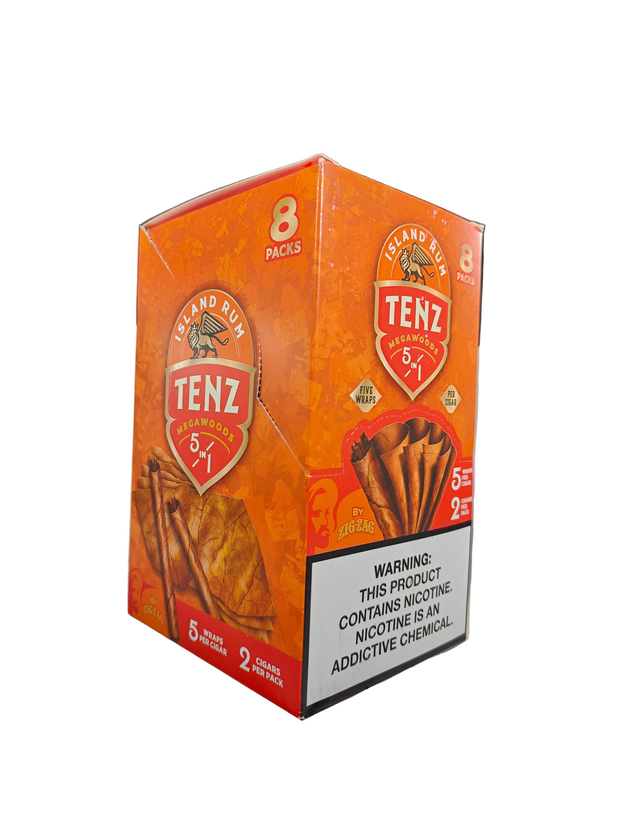 Front view of the Zig Zag Tenz Megawoods Island Rum box in tropical orange and brown. These premium large-size natural leaf wraps come in a wholesale 8-count box of 2-packs, offering a slow, smooth burn perfect for retail counter displays.