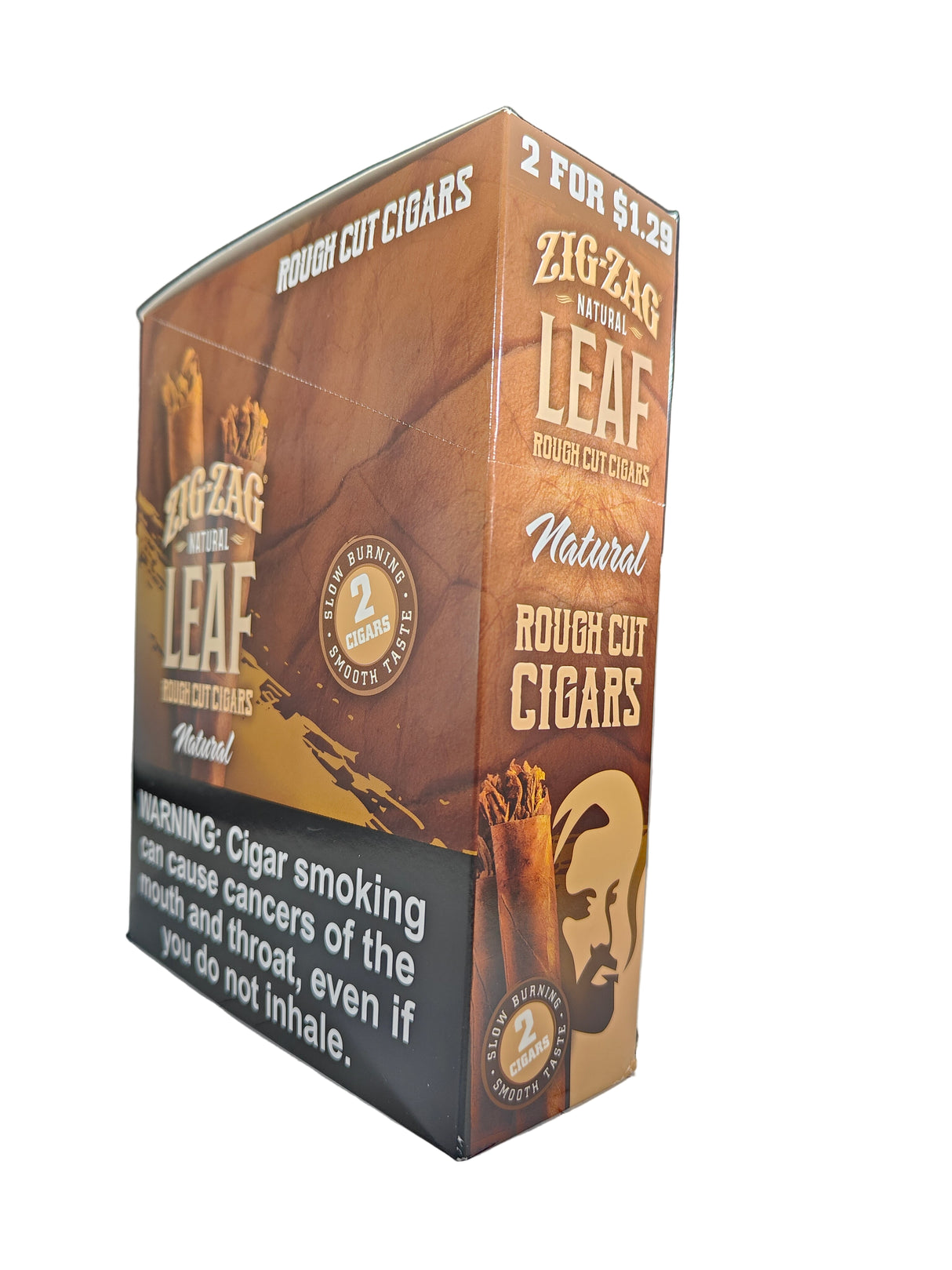 Angled overhead view of the Zig Zag Tenz Megawoods Natural box in rustic brown and orange. These premium large-size natural leaf wraps come in a wholesale 8-count box of 2-packs, offering a slow, smooth burn perfect for retail counter displays.