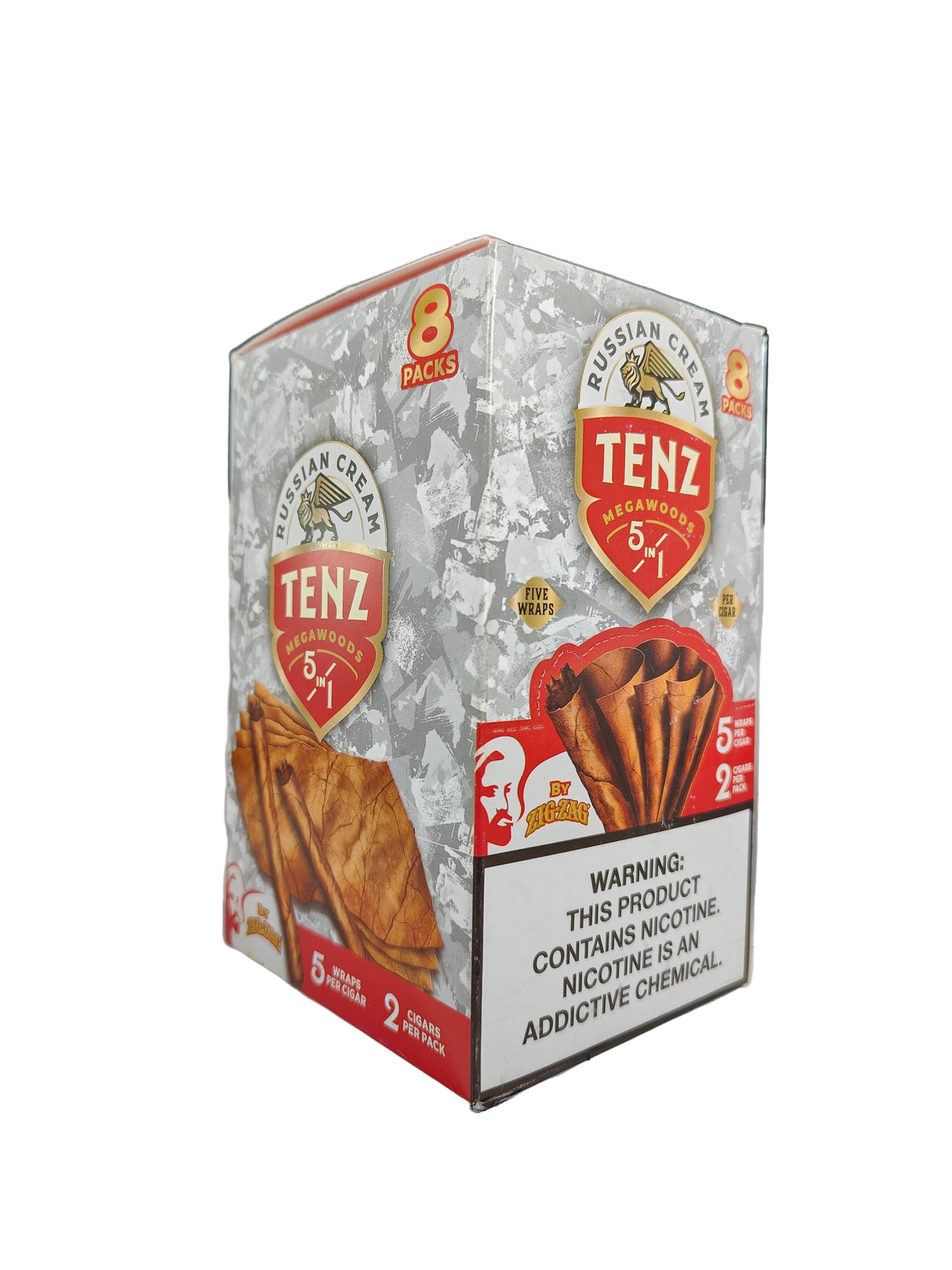 Angled front view of the Zig Zag Tenz Megawoods Russian Cream box in creamy off-white and brown. These premium large-size natural leaf wraps come in a wholesale 8-count box of 2-packs, offering a slow, smooth burn perfect for retail counter displays.