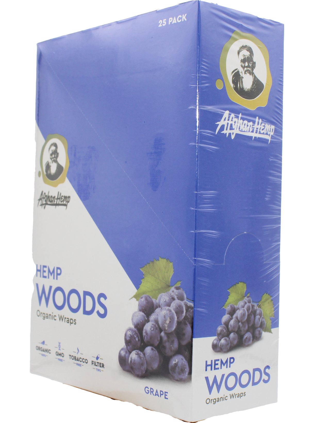 front view of the Afghan Hemp display box. Made from durable hemp fibers removing all the nicotine and tobacco from your experience for a slow and smooth smoke with a fresh grape flavor.