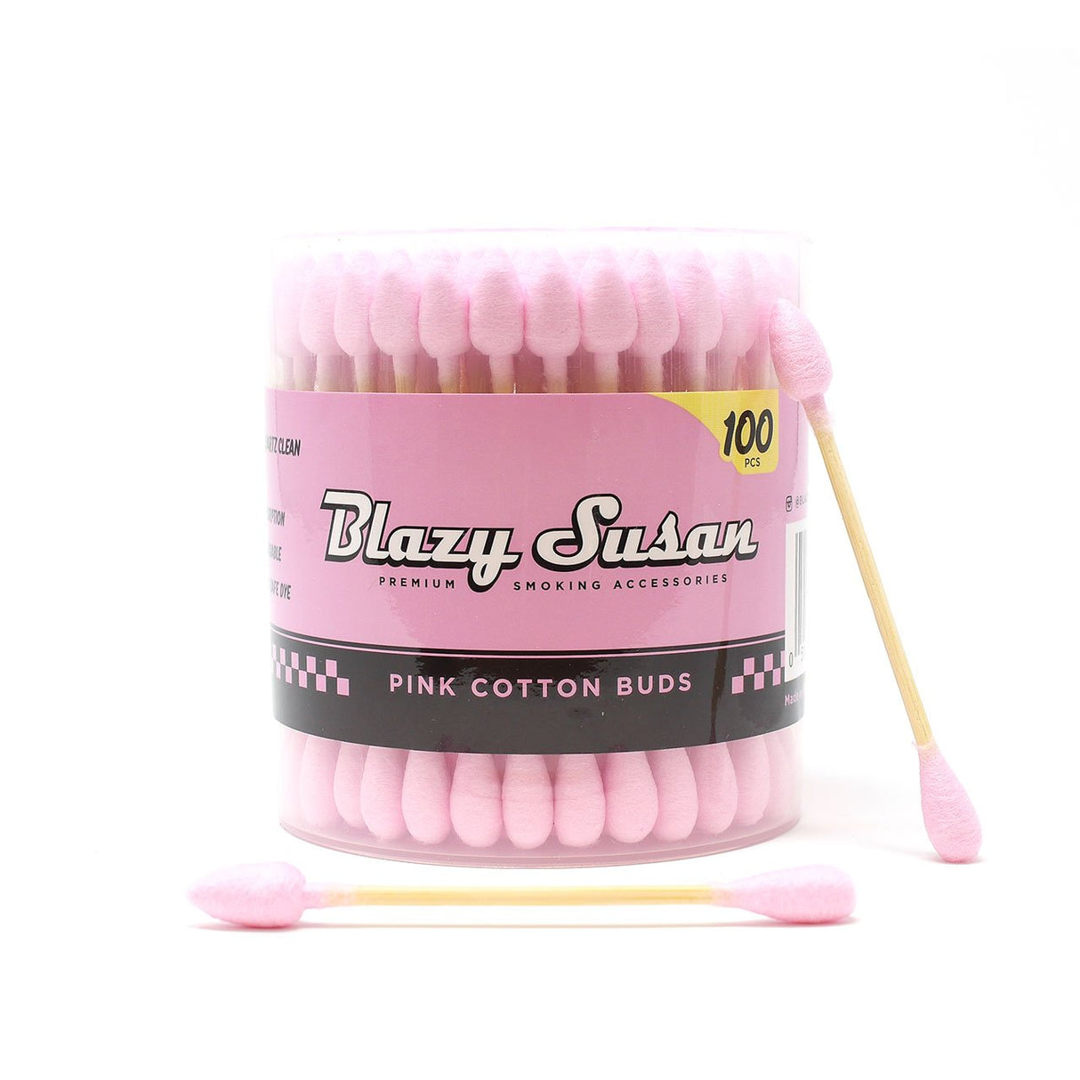 side view of the blazy susan pink cotton buds packaging and product. Made for maintaining your quartz and glass pieces and is made from eco friendly wood with lint free cotton.