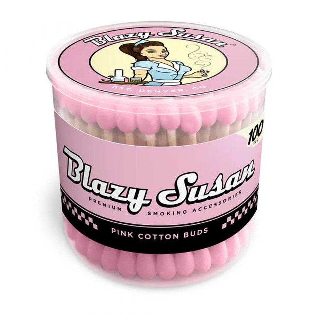 front view of the blazy susan pink cotton buds. Made for maintaining smoking equipment and is made from eco friendly wood with lint free cotton.