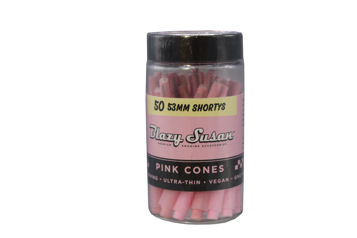 front view of the blazy susan pink shorty cones. Made from natural fibers and dyed in their signature pink for a clean and striking smoke.