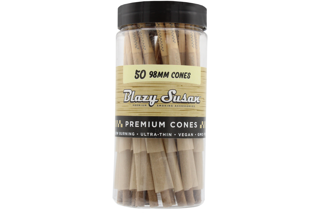 front view of the 98mm cones by blazy susan, without the iconic pink color but still with the unbleached and slow burning experience.