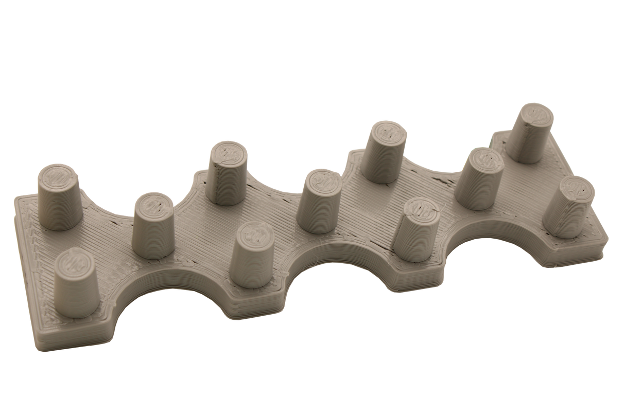 Front view of the dabber box glass display stand. A sturdy base able to hold 14mm accessories upright so that resin coated tips do not spill onto the table. printed in white
