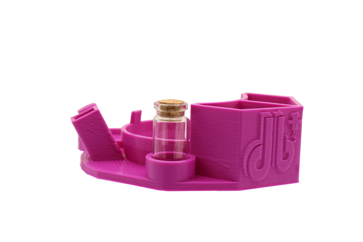 side view of the Dabber box dab station organizer in pink. A convenient way for a dabber to keep all their supplies handy in a neat and durable station.