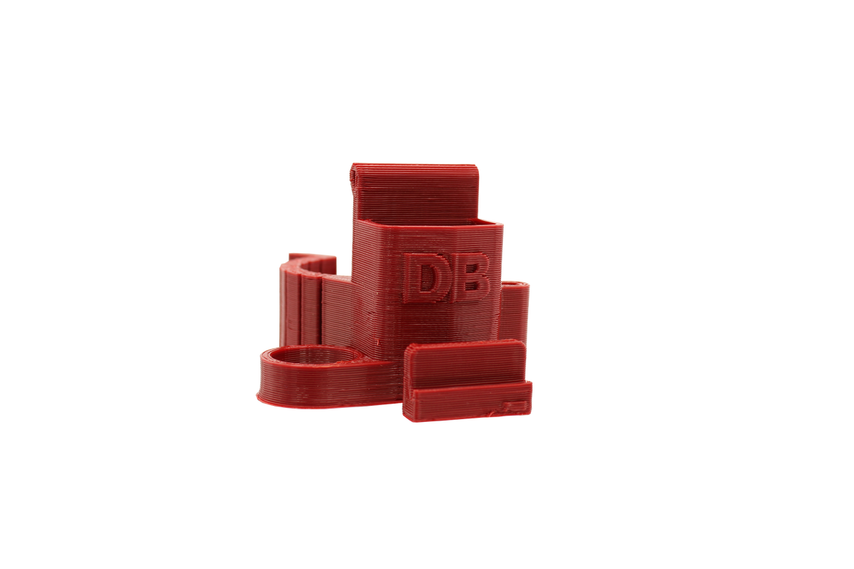 front view of the dabber box rig backpack clip in red. A organizational tool for holding lighters, dab tools or any other items that a smoker would need for their session.