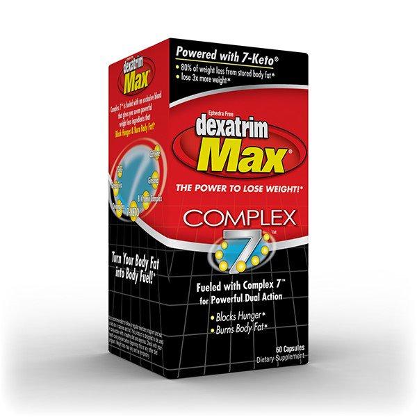 front view of the red and black package of the Dexatrim Max Complex 7. A product for helping with weight management and sustained energy.