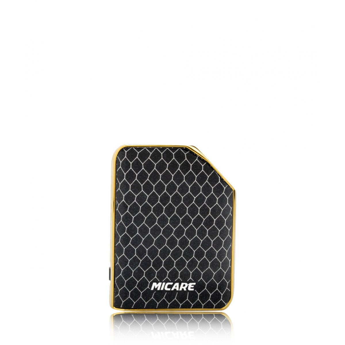 front view of the Exus Micare Black gold Cobra. A small ergonomic vaporizer with simple any stylish panels with performance and adjustable power.