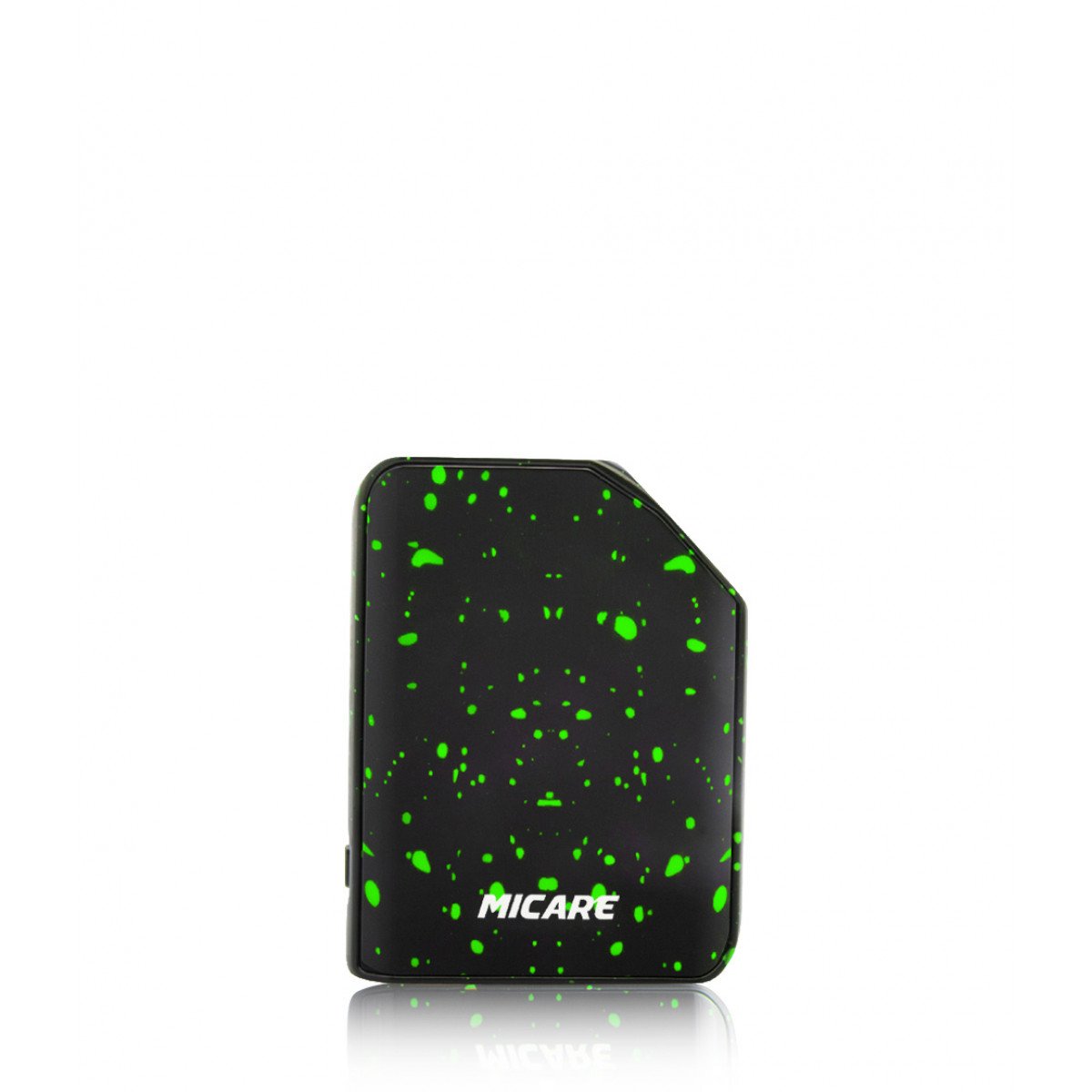 front view of the Exus Micare green splatter. A small ergonomic vaporizer with simple any stylish panels with performance and adjustable power.
