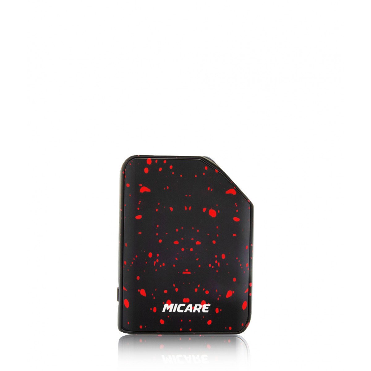 front view of the Exus Micare red splatter. A small ergonomic vaporizer with simple any stylish panels with performance and adjustable power.