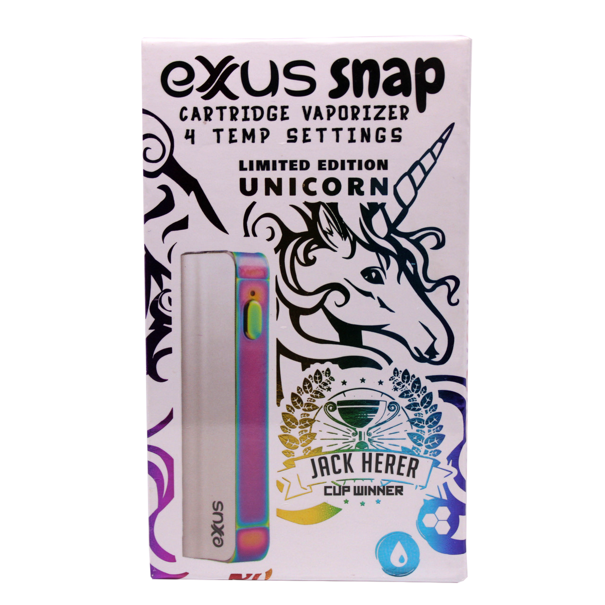 front view of the exxus snap vv vaporizer in the limited edition white and titanium anodized Unicorn look.