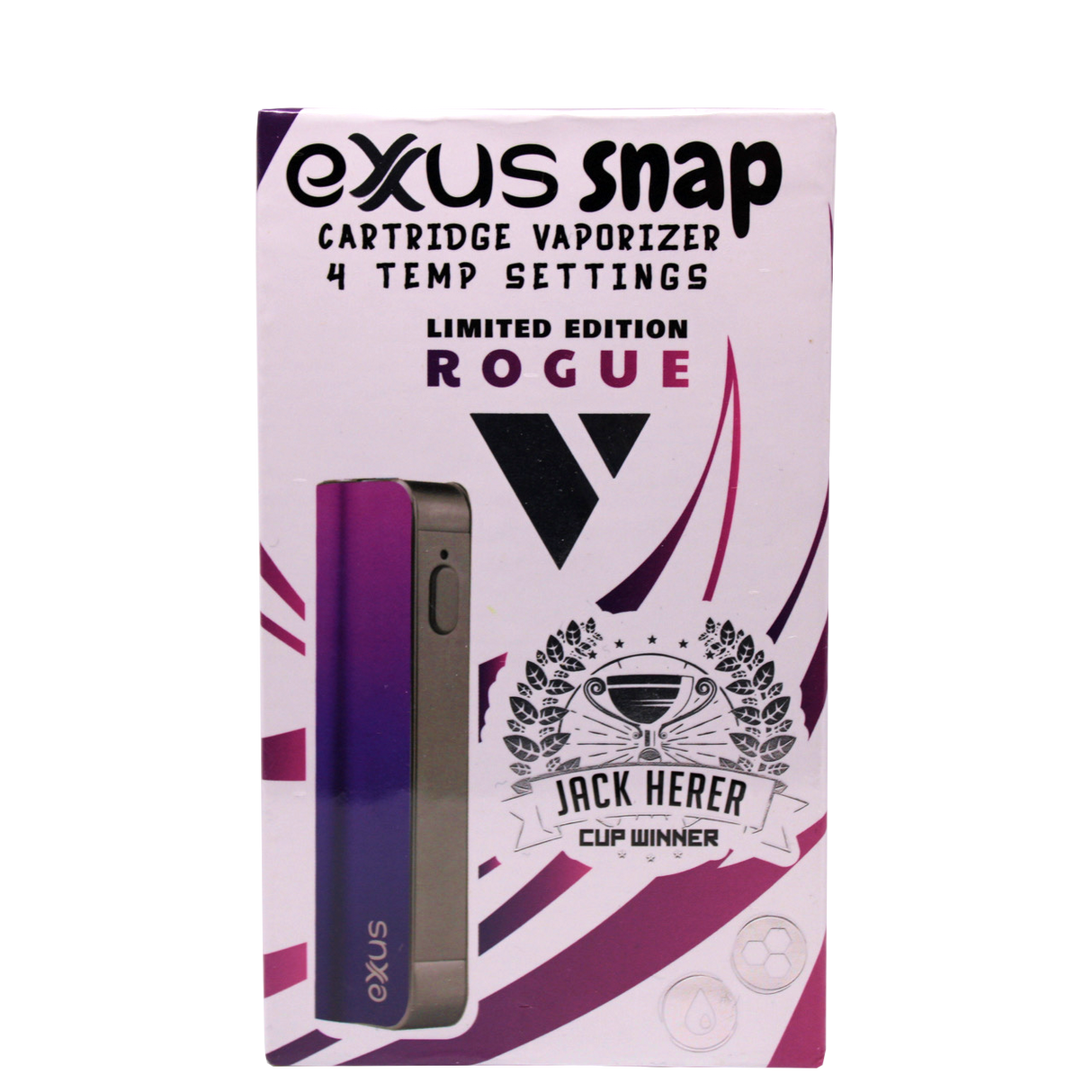 front view of the box of the Exxus Snap VV limited edition version Rogue in a pink and purple gradient with a gun metal border.