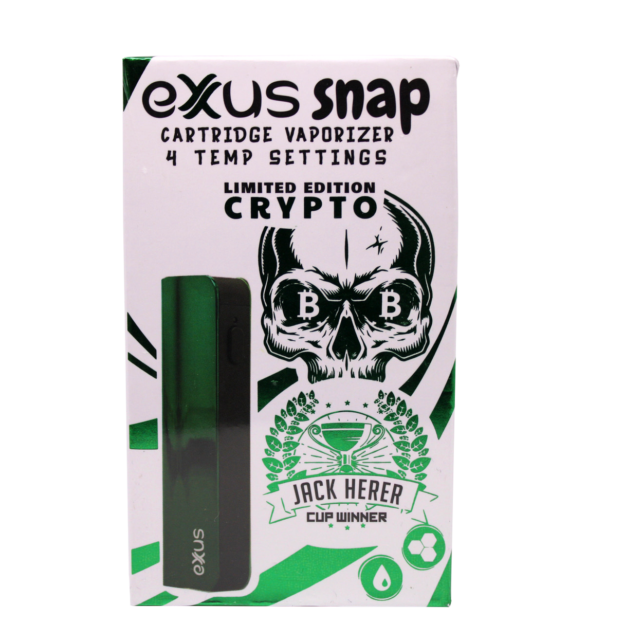front of a Exxus snap VV box in their signature limited edition Crypto metal green.