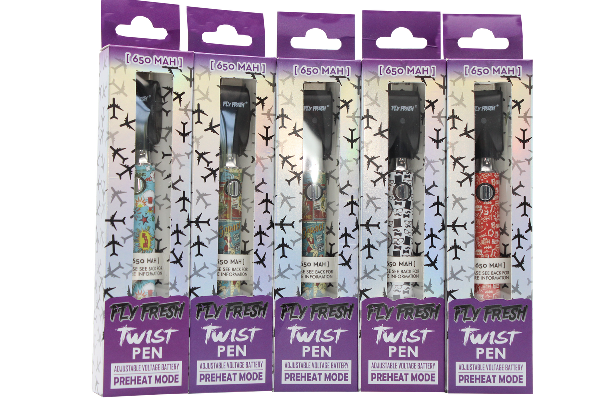 front view of multiple Fly fresh twist vaporizer batteries. showcased in multiple different styles.